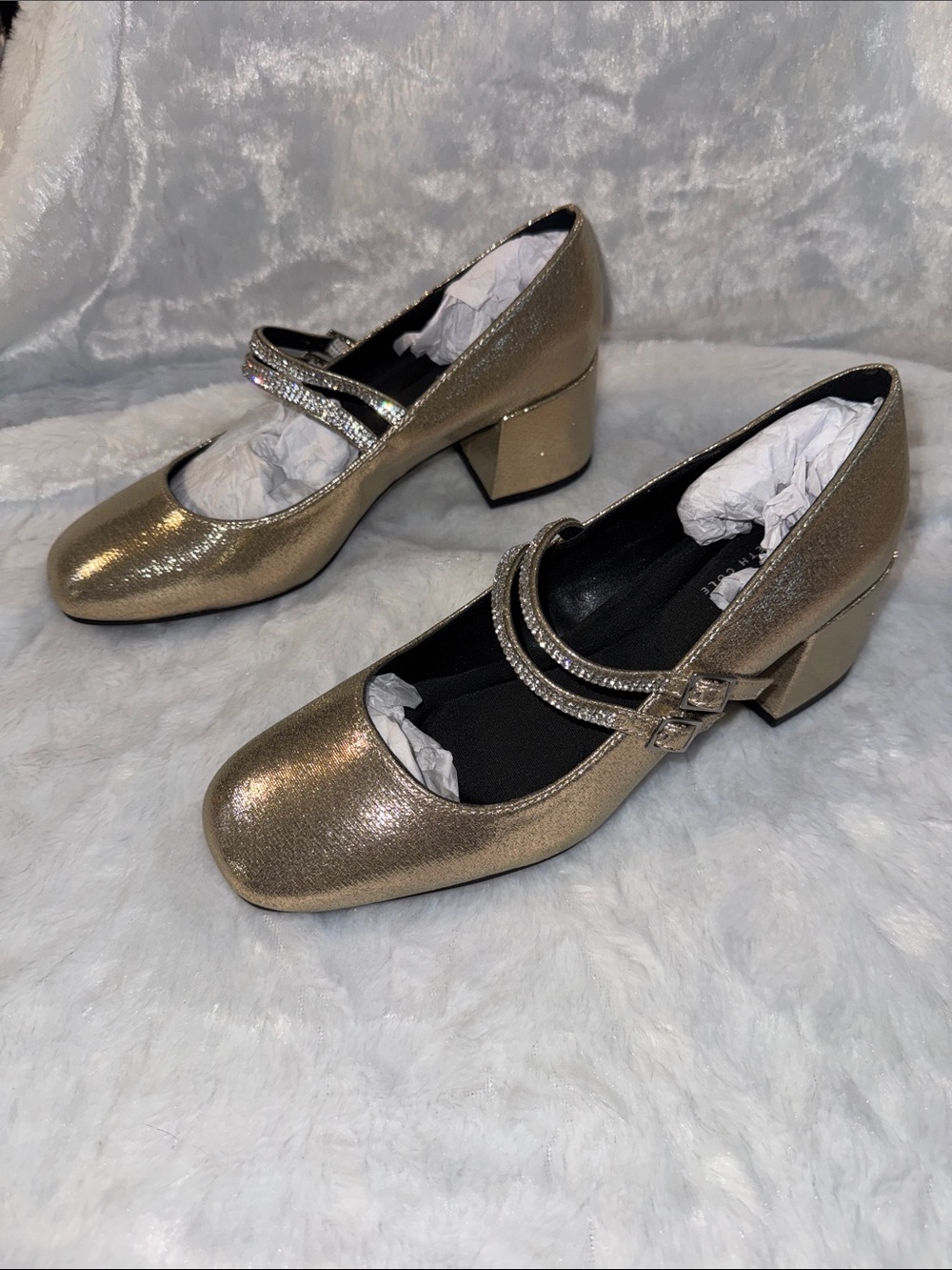 Kenneth Cole Gold Mary Jane Block Heel with Rhinestone Straps